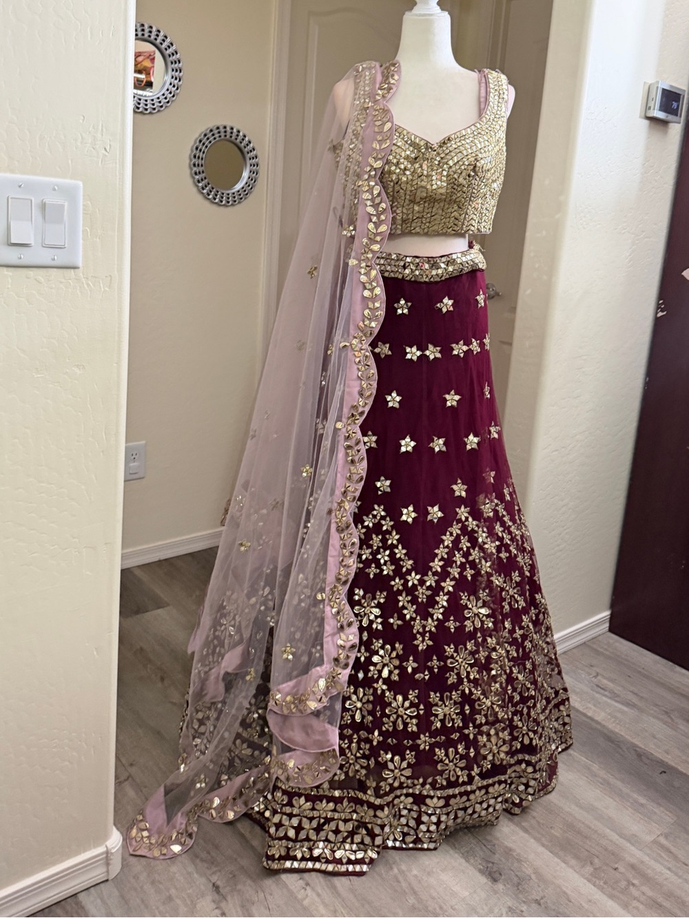 wine lehenga with lavender Dupatta